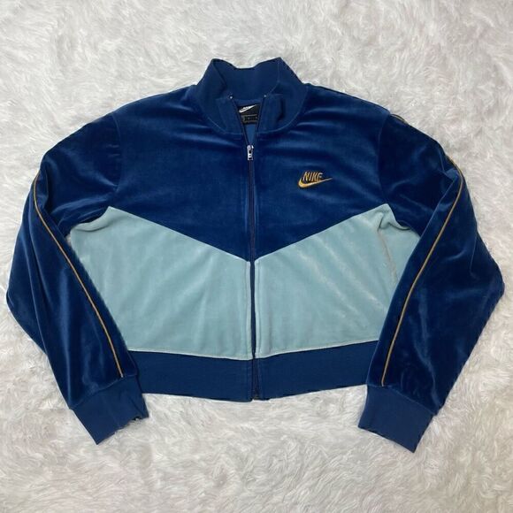 Nike Velvet Hoodie Y2K Full Zip 90's Sports Sweatshirt Blue Womens Large - Picture 9 of 10